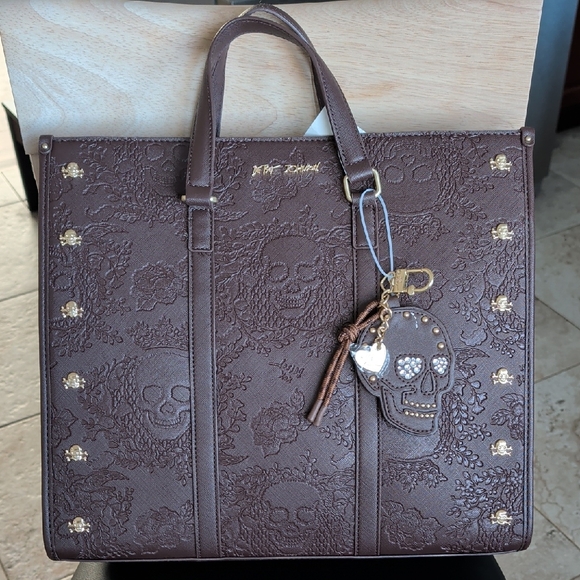 Betsey Johnson Handbags - Betsey Johnson "XOMATTIE" Chocolate Skull Embossed Tote With Crossbody Strap NWT